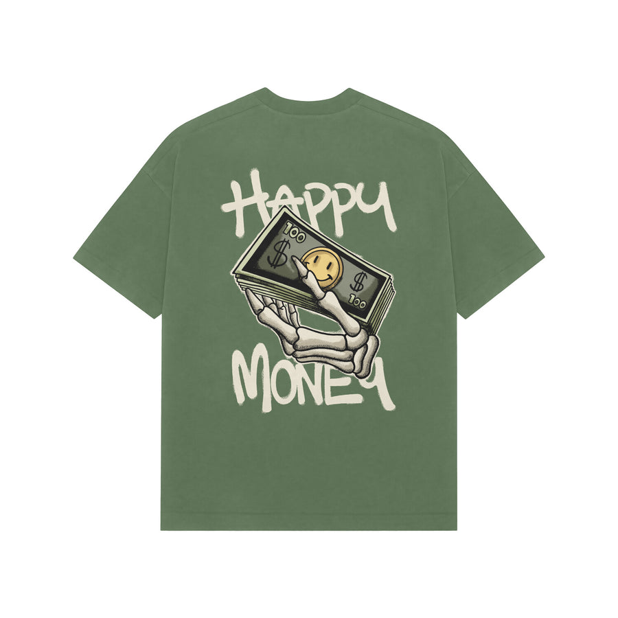 Frost Green Kayzen Happy Money Skeleton Cash
Oversized Heavyweight T-Shirt - skeleton hand holding
dollar bills smiley coin dark humour illustration graphic
back print on sage cool tone