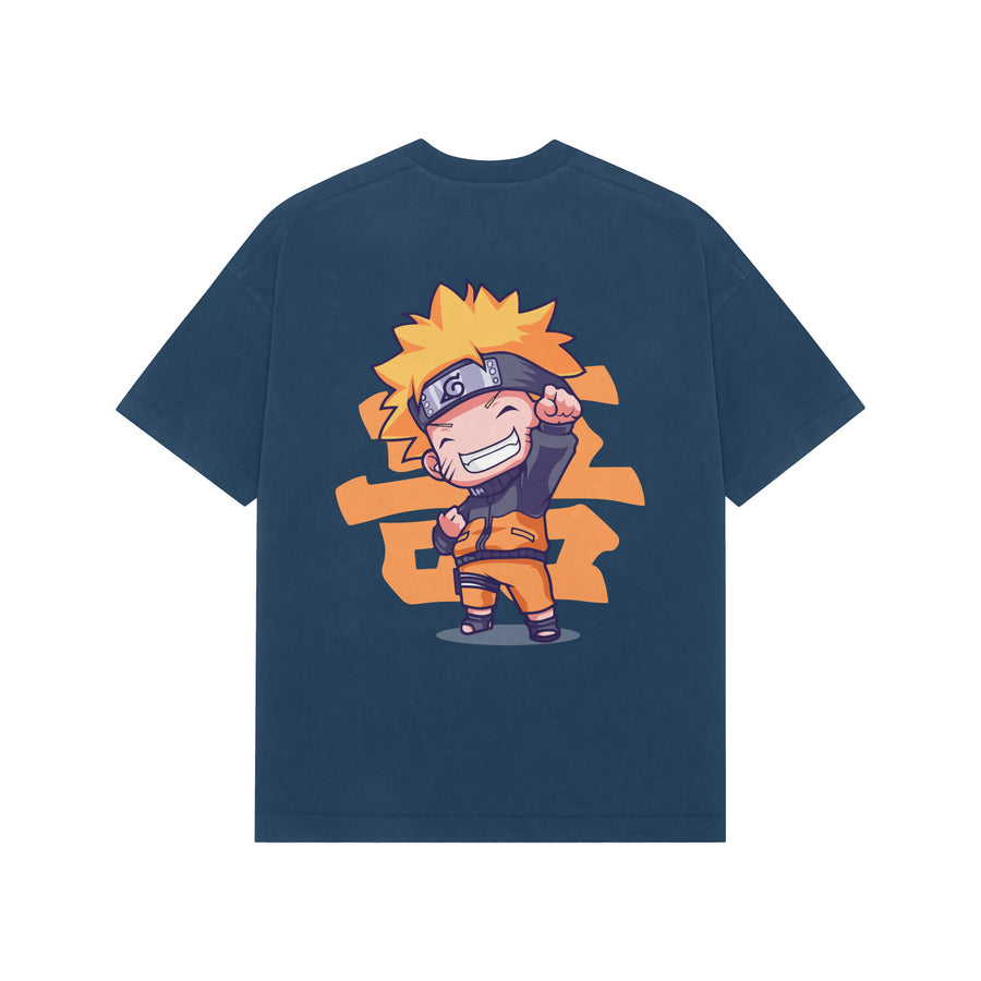 Navy Blue Kayzen Naruto Chibi Energetic Pose
Oversized Heavyweight T-Shirt - orange chibi Naruto
happy energetic pose fist pump anime graphic back
print on deep navy bold base | Buy premium oversized
graphic tee India