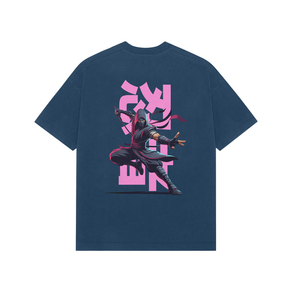 Navy Blue Kayzen Pink Ninja Kanji Warrior Oversized
Heavyweight T-Shirt - pink Japanese kanji ninja warrior
action pose sword graphic back print on deep navy bold
base | Buy premium oversized graphic tee India