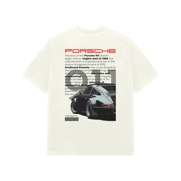 Ivory Kayzen Porsche 911 Heritage Oversized
Heavyweight T-Shirt - vintage black Porsche 911
editorial text car graphic back print on soft off-white
base | Buy premium oversized graphic tee India