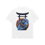 White Kayzen Chibi Ninja Torii Gate Oversized
Heavyweight T-Shirt - cute cartoon chibi ninja blue
accent torii gate warrior graphic back print on clean
white base | Buy premium oversized graphic tee India
