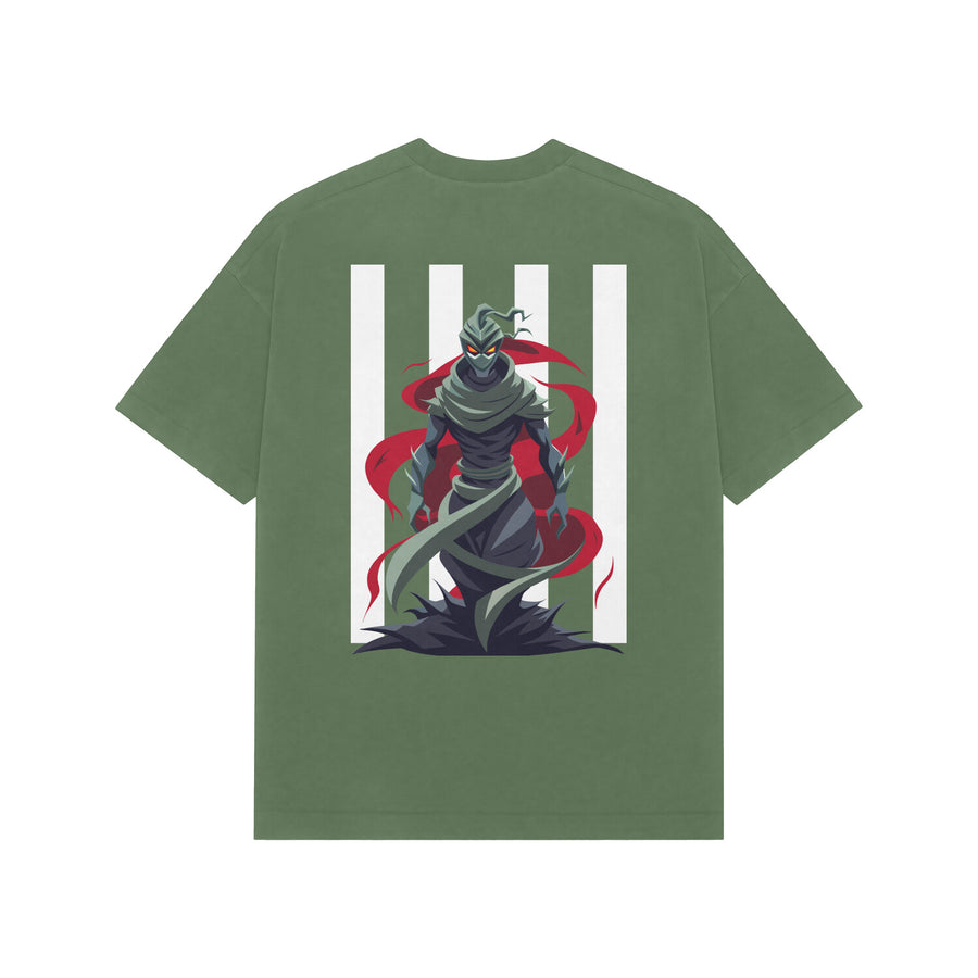 Frost Green Kayzen Dark Wraith Warrior Oversized
Heavyweight T-Shirt - gothic armoured dark warrior red
flowing cape glowing eyes graphic back print on sage
cool tone base | Buy premium oversized graphic tee
India
