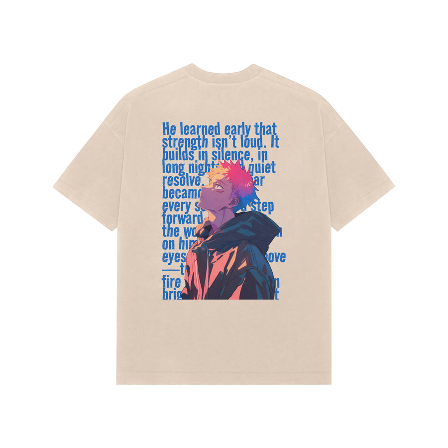 Beige Kayzen JJK Anime Strength in Silence Oversized
Heavyweight T-Shirt - JJK style anime boy blue
motivational quote typography back graphic back print
on warm sand tone base | Buy premium oversized
graphic tee India
