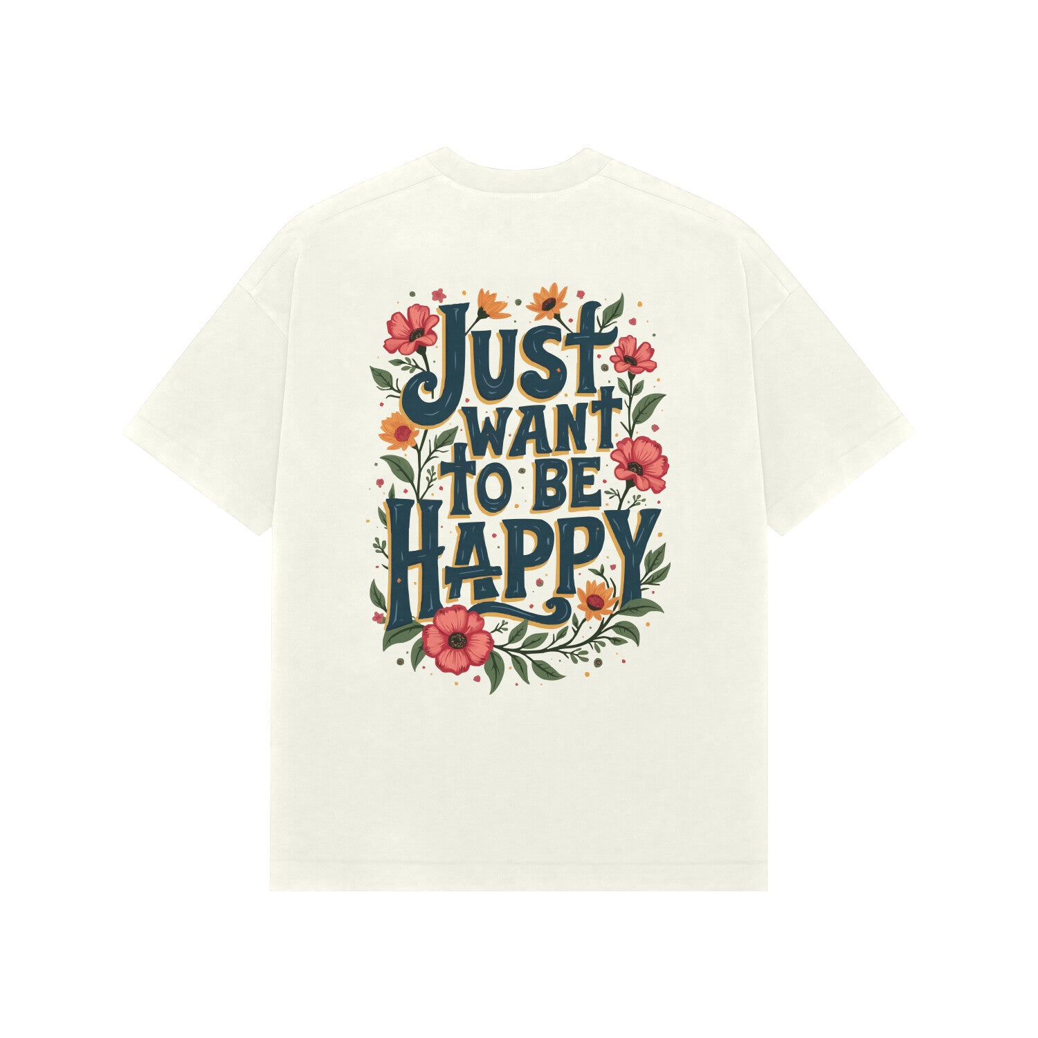 Beige Kayzen Just Want to Be Happy Floral Oversized
Heavyweight T-Shirt - dark teal bold floral botanical
typography motivational lettering graphic back print on
warm sand tone base | Buy premium oversized graphic
tee India
