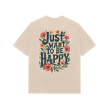 Ivory Kayzen Just Want to Be Happy Floral Oversized
Heavyweight T-Shirt - dark teal bold floral botanical
typography motivational lettering graphic back print on
soft off-white base | Buy premium oversized graphic tee
India
