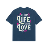 Navy Blue Kayzen One Life One Love Oversized
Heavyweight T-Shirt - pink green white ornate
decorative lettering motivational quote graphic back
print on deep navy bold base | Buy premium oversized
graphic tee India
