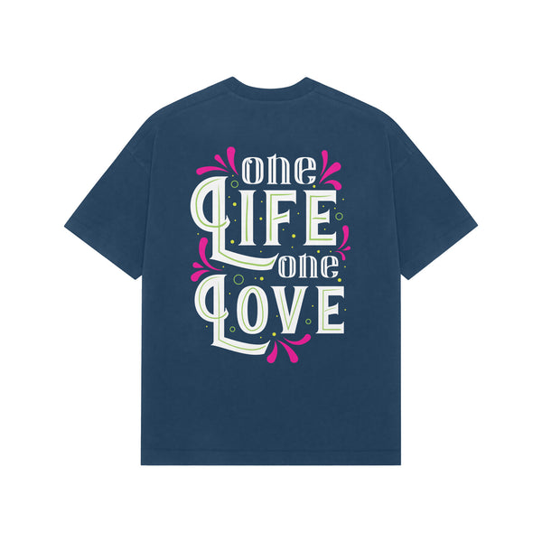 Navy Blue Kayzen One Life One Love Oversized
Heavyweight T-Shirt - pink green white ornate
decorative lettering motivational quote graphic back
print on deep navy bold base | Buy premium oversized
graphic tee India
