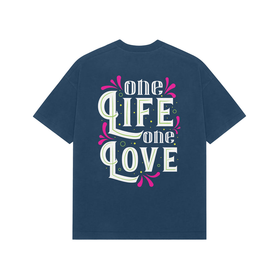 Navy Blue Kayzen One Life One Love Oversized
Heavyweight T-Shirt - pink green white ornate
decorative lettering motivational quote graphic back
print on deep navy bold base | Buy premium oversized
graphic tee India
