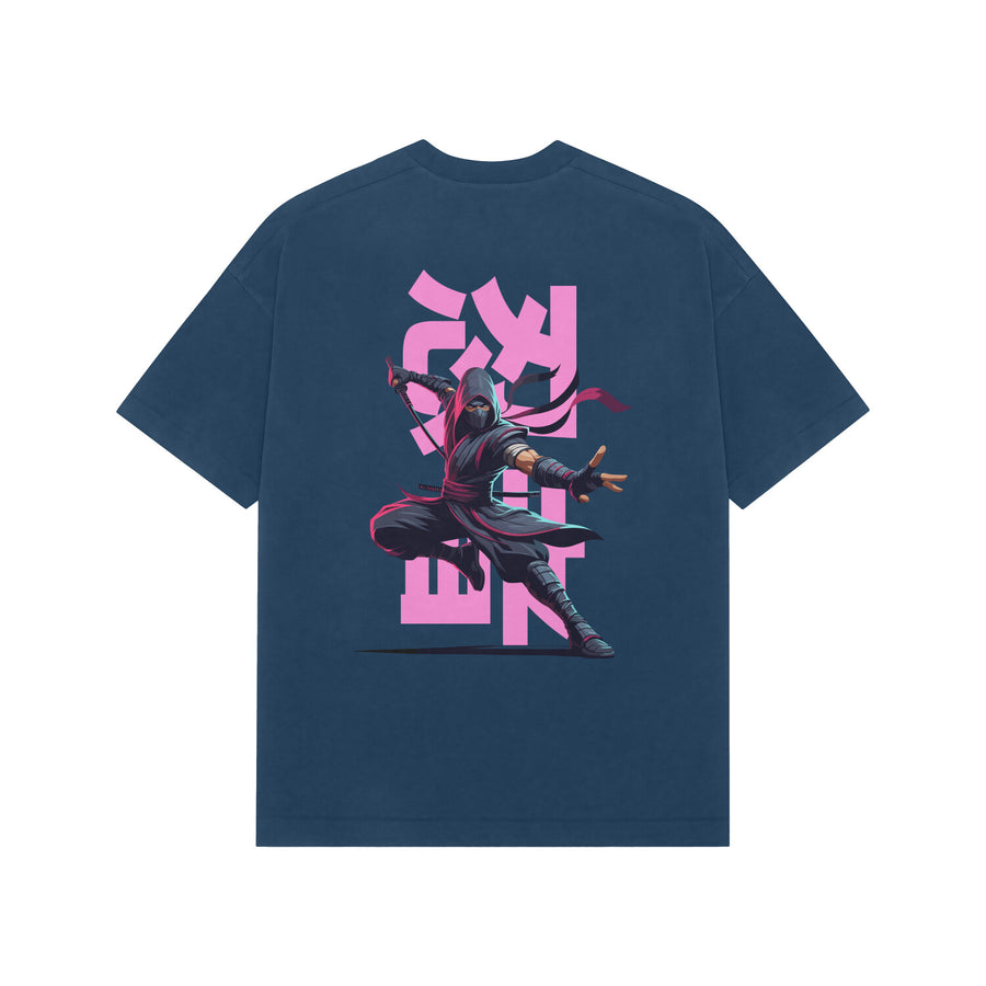 Navy Blue Kayzen Pink Ninja Kanji Warrior Oversized
Heavyweight T-Shirt - pink Japanese kanji ninja warrior
action pose sword graphic back print on deep navy bold
base | Buy premium oversized graphic tee India
